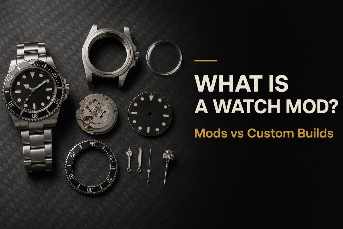 Complete donor watch beside a movement, case, dial and hands, illustrating the difference between a watch mod and a custom watch build.