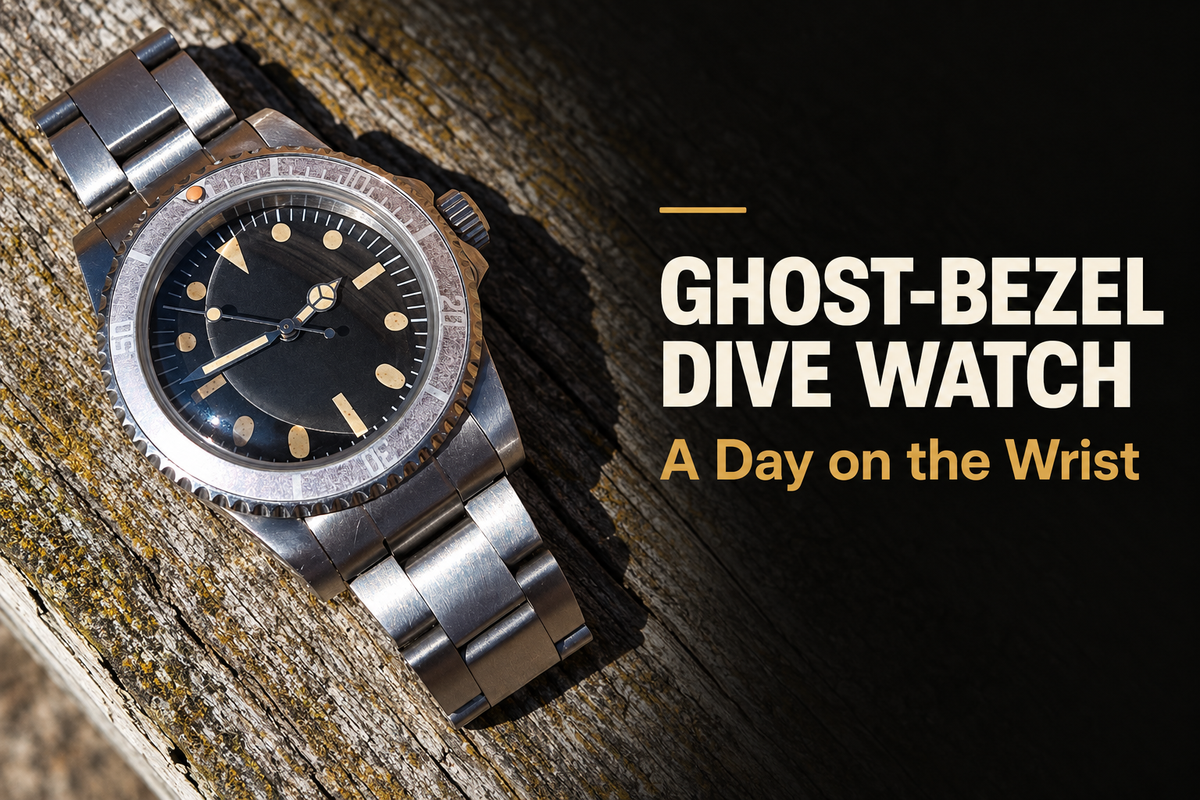 Ghost-bezel dive watch with a patinated dial and steel bracelet, photographed in sunlight on weathered wood.