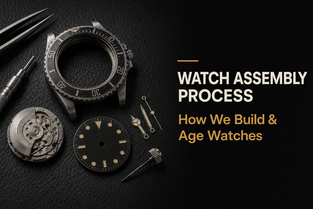 Watch assembly process with an aged case, automatic movement, dial, hands and precision watchmaking tools