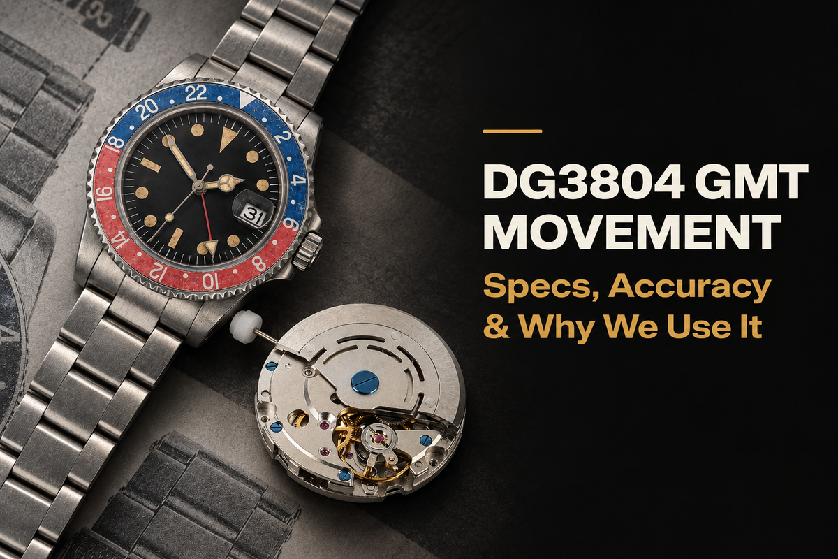 VWM PEPSI watch beside the DG3804 GMT movement, with the headline “Specs, Accuracy & Why We Use It.”