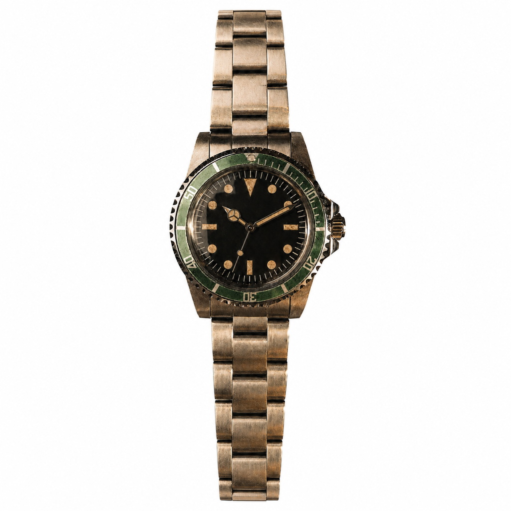 39.5mm green-bezel automatic dive watch with black dial and weathered bracelet
