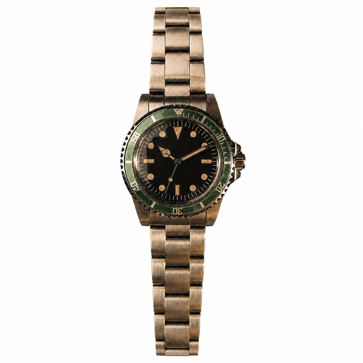 39.5mm green-bezel automatic dive watch with black dial and weathered bracelet