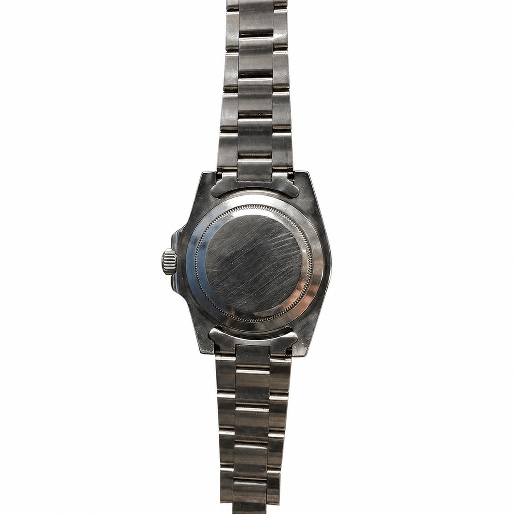Rear view of the 40mm military-style diver and three-link steel bracelet