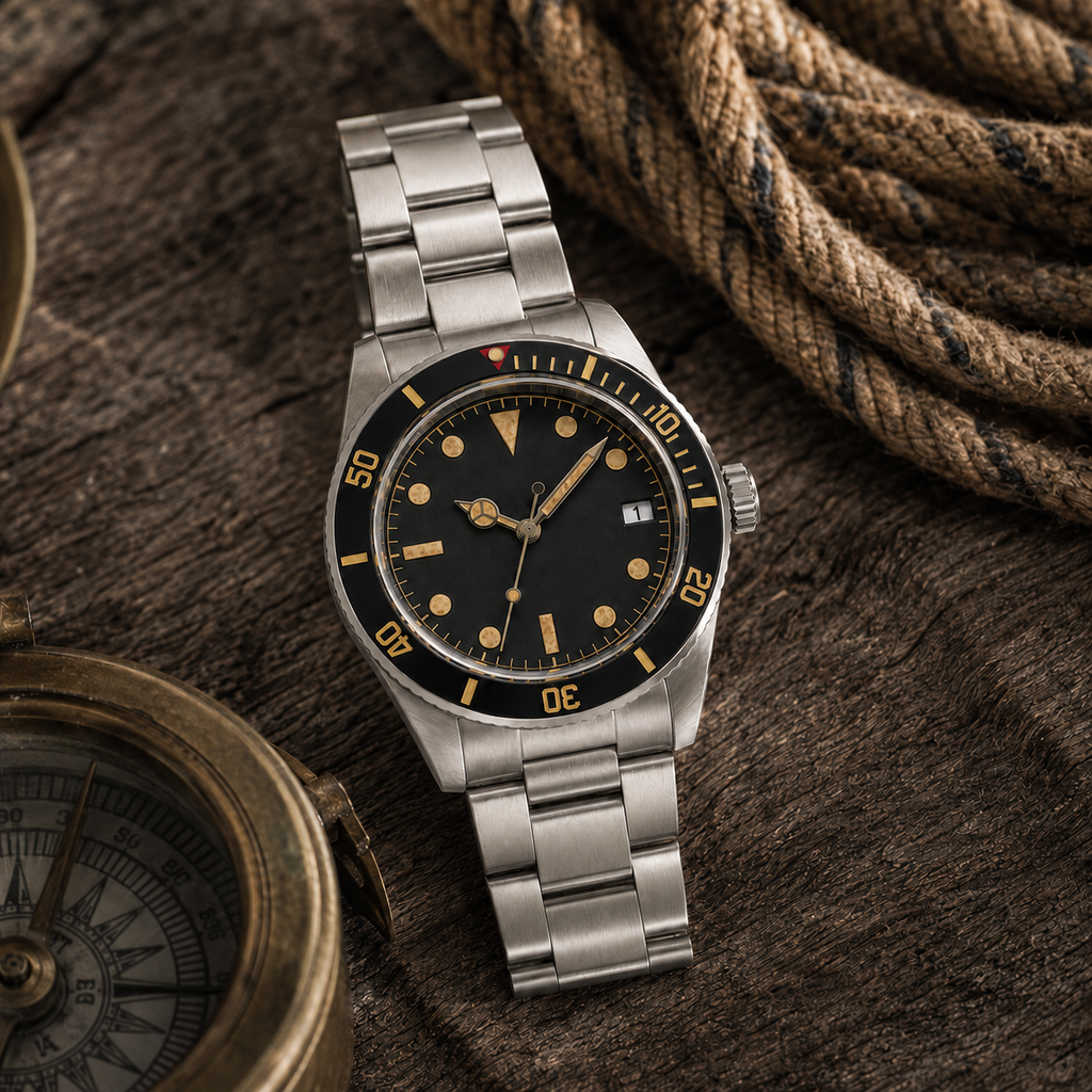 39mm Vintage Black-Bezel Automatic Dive Watch – NH35
