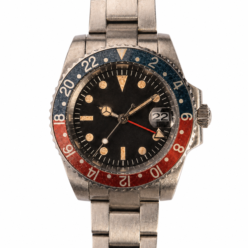 Close-up of a faded black-red aluminum 24-hour bezel and aged matte-black GMT dial. A vintage-style stainless steel wristwatch with a black dial, a red and blue bezel, and a matching metal link bracelet, shown against a plain white background.