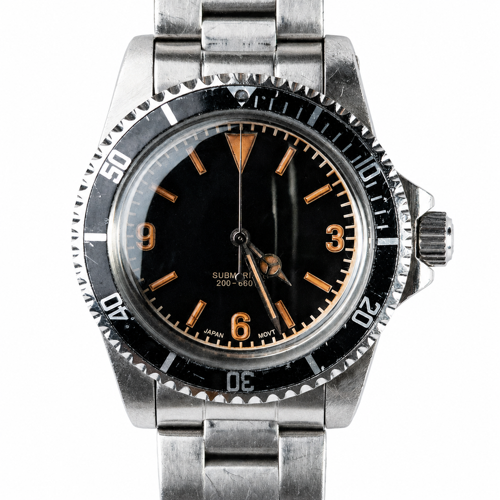Close-up of an individually aged matte-black 3-6-9 dive watch dial with warm lume
