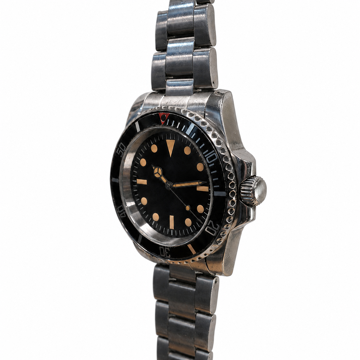 Three-quarter view of the weathered steel case and black aluminum timing bezel