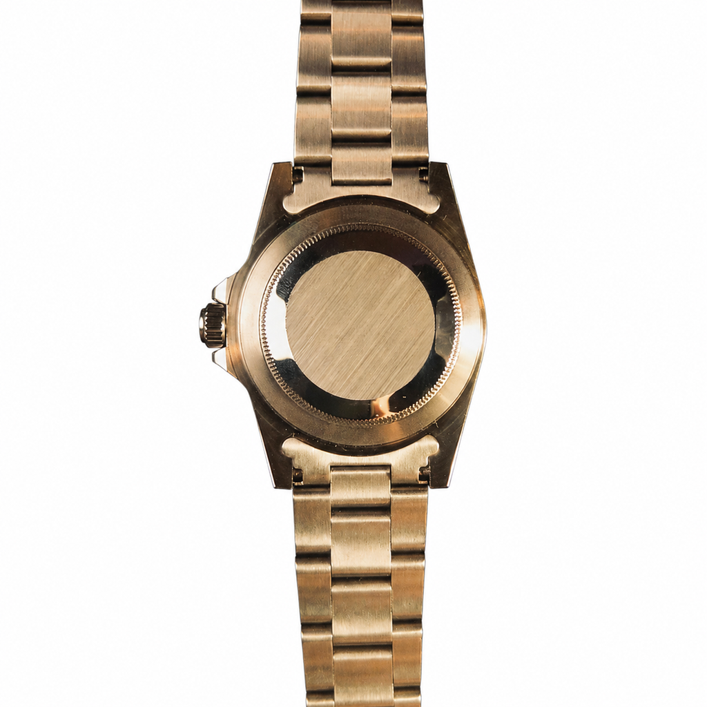 Plain solid caseback and weathered three-link bracelet of the automatic dive-style watch