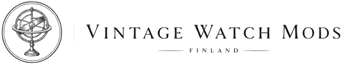 A black and white logo for 'Vintage Watch Mods' featuring a circular vintage armillary astrolabe globe on the left and the brand name on the right.