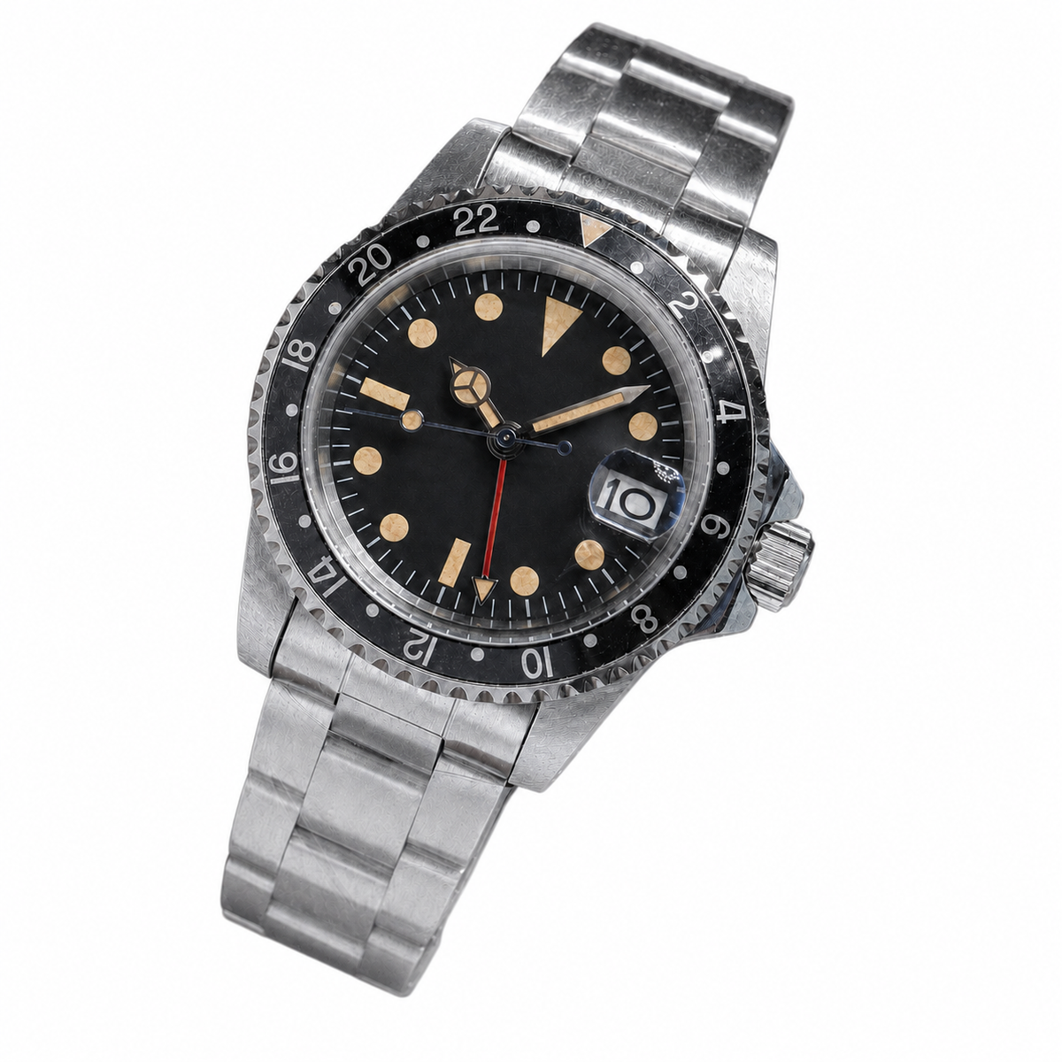 Angled view of an automatic GMT watch with a black aluminum 24-hour bezel and red GMT hand