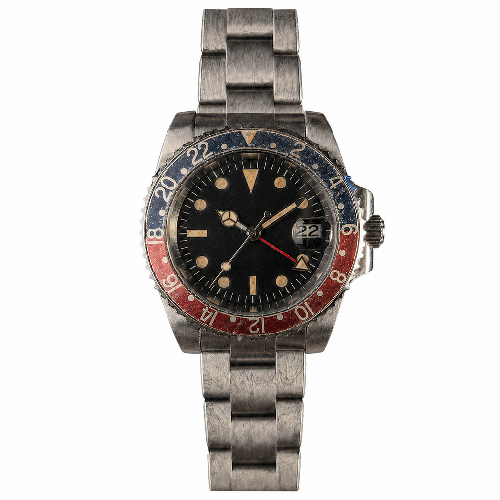 No-logo black-red GMT watch with warm lume, red GMT hand and magnified date