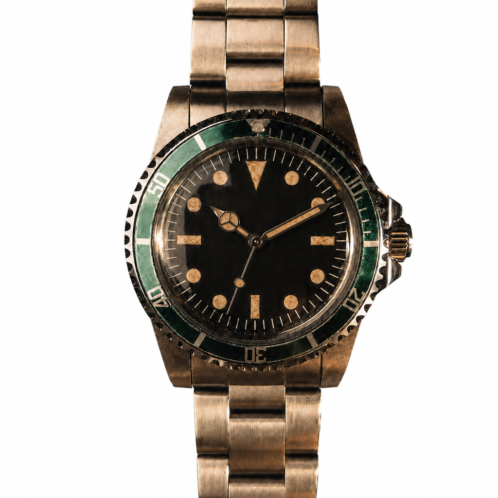 Close-up of a vintage green-bezel dive watch with aged black no-logo dial and warm markers